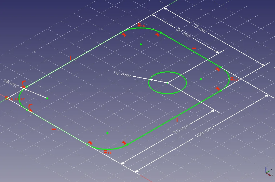 FreeCAD Sketcher: a constrained 2D sketch of a rounded plate with a hole, dimensioned in millimetres.