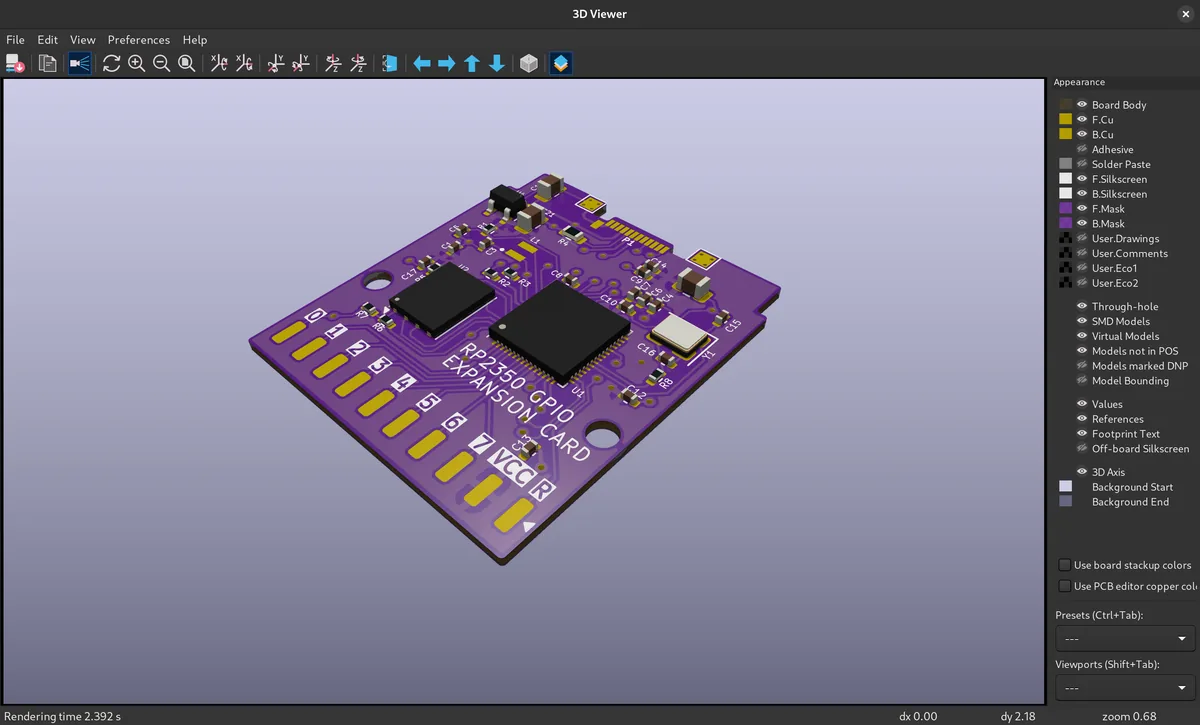 KiCad's 3D viewer rendering an open-source expansion-card circuit board with its components.