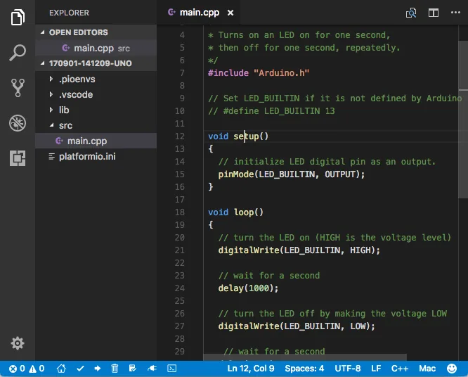 PlatformIO in Visual Studio Code with an embedded project open (main.cpp and platformio.ini).