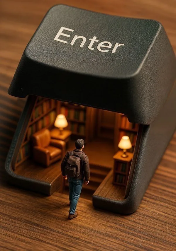 A figure stepping through a doorway cut into an Enter keycap